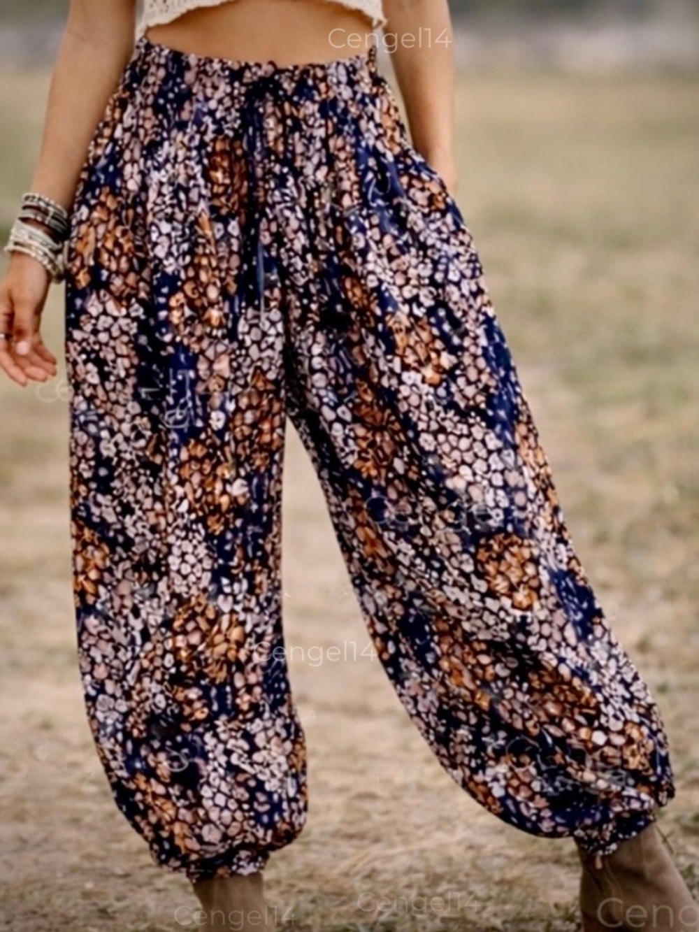 Free People Black Floral Boho Balloon Cappadocia Harem Pants S